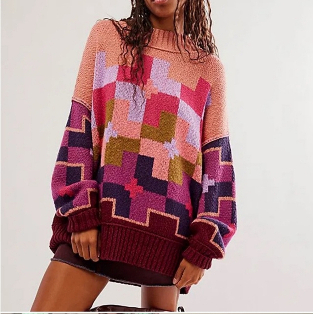 Free People Oversized Slouchy Colorful Geometric Graphic Rhodes Pullover Sweater
